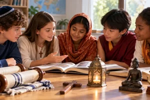 Grupo imaginado de alumnos estudiando distintas tradiciones religiosas.