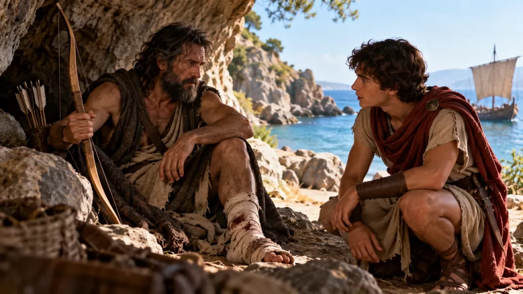 Filoctetes, con el pie herido, conversa con un joven junto a una cueva.