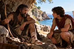 Filoctetes, con el pie herido, conversa con un joven junto a una cueva.