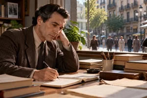 Un escritor trabaja en un café en una escena de época imaginada.