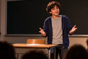 Un estudiante representa un monólogo junto a una mesa con una hoja y un lápiz.