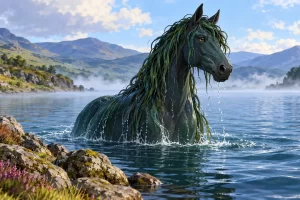 Un caballo fantástico de crines vegetales emerge de un lago.
