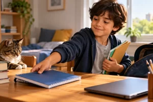 Un niño toma un cuaderno de una mesa, junto a una mochila y un gato.