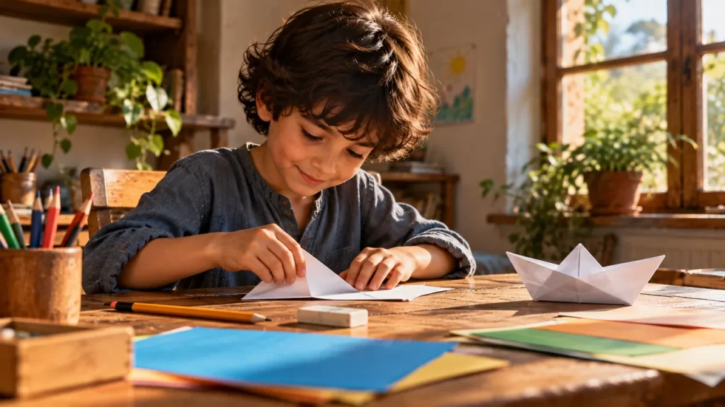 Retahílas para niños: tres ejemplos originales y cómo crear una 1 Un niño dobla una hoja de papel junto a un barco terminado.