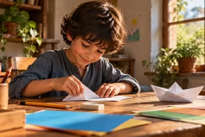 Un niño dobla una hoja de papel junto a un barco terminado.