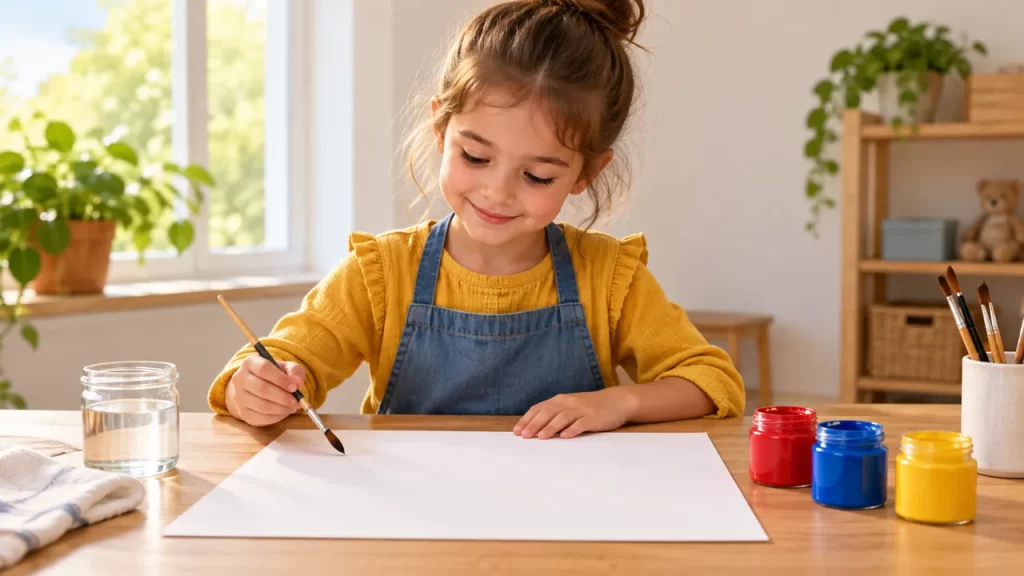 Una niña prepara una hoja blanca y pintura roja, azul y amarilla.