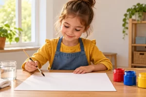 Una niña prepara una hoja blanca y pintura roja, azul y amarilla.