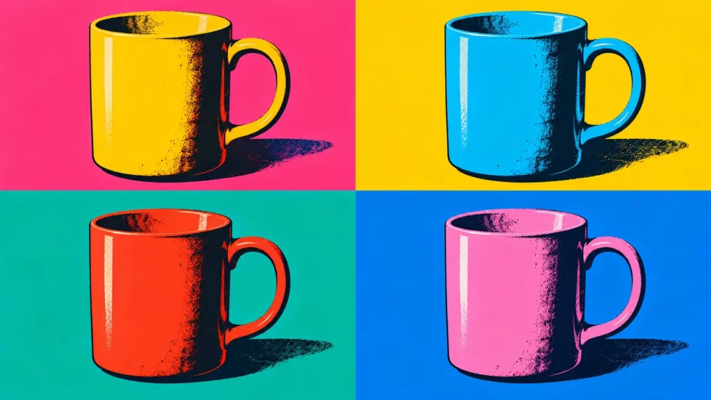 La misma taza aparece en cuatro cuadros con colores diferentes.