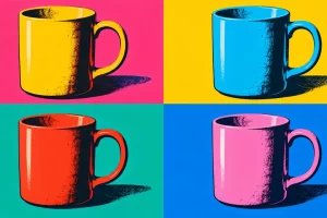 La misma taza aparece en cuatro cuadros con colores diferentes.