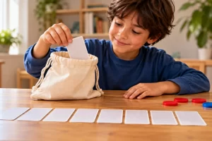 Un niño extrae una tarjeta de una bolsa junto a otras tarjetas colocadas sobre la mesa.