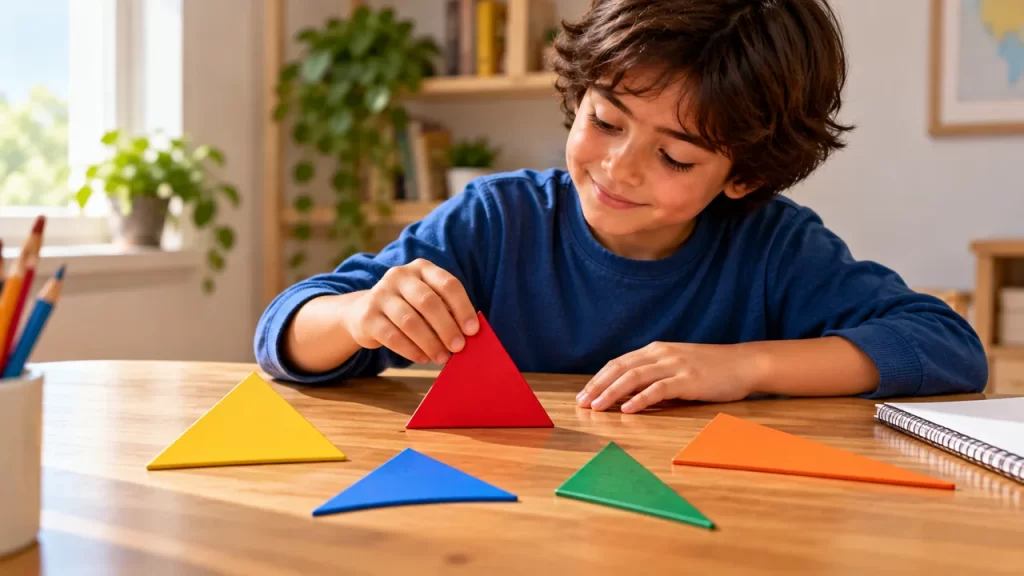 Niño ordenando piezas de distintas formas triangulares.