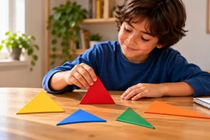 Niño ordenando piezas de distintas formas triangulares.