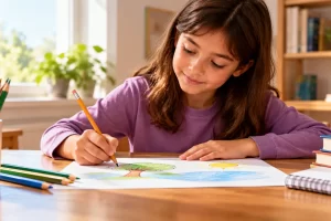 Niña realizando un dibujo con lápices de colores.