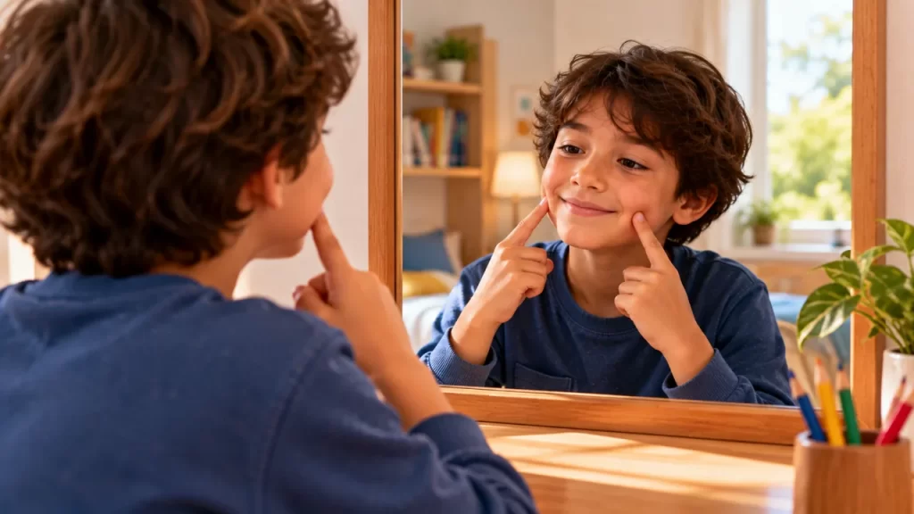 Niño observando su reflejo en un espejo.