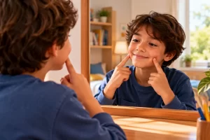 Niño observando su reflejo en un espejo.