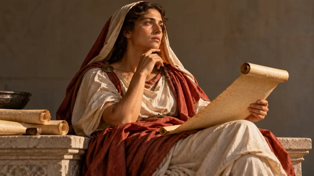 Mujer de tradición antigua imaginada sosteniendo un rollo y reflexionando.