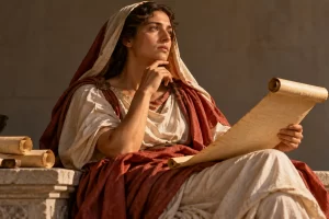 Mujer de tradición antigua imaginada sosteniendo un rollo y reflexionando.
