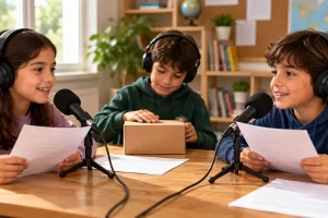 Niños representando un programa de radio con micrófonos, papeles y efectos.
