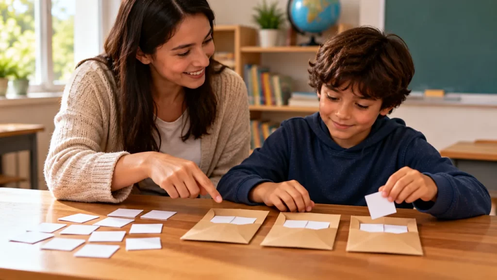 Un adulto acompaña a un niño que organiza tarjetas y sobres.
