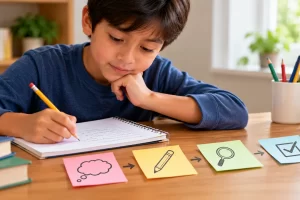 Un estudiante revisa su cuaderno con tarjetas que representan pensar, escribir, comprobar y terminar.