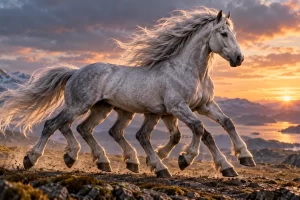 Caballo mítico de ocho patas que avanza por un paisaje montañoso.