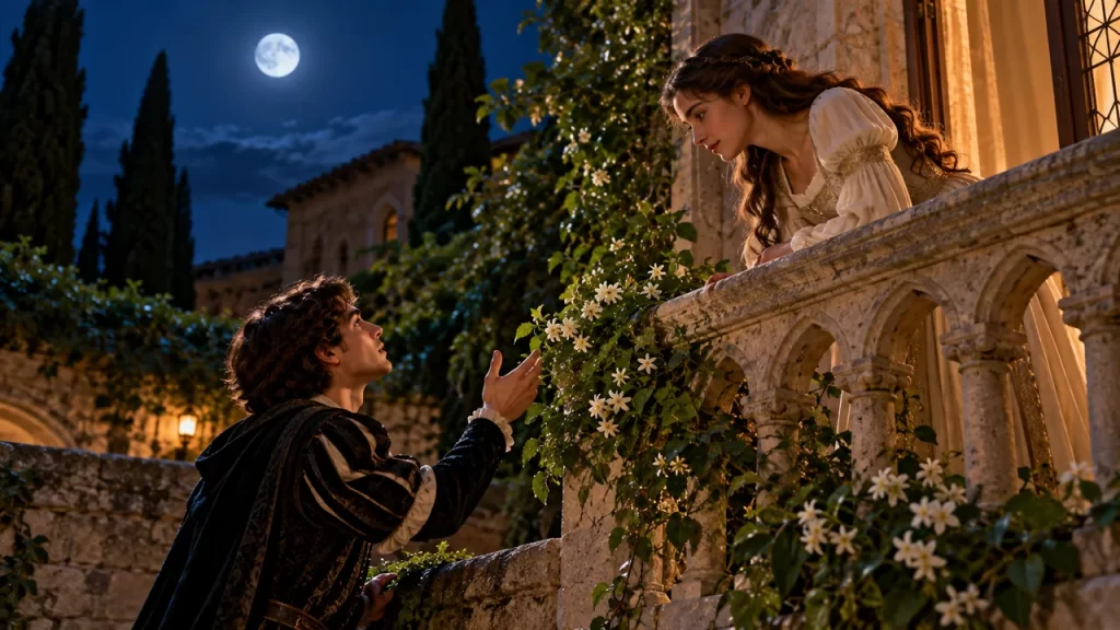 Historia de Romeo y Julieta: adaptación y preguntas 1 Romeo y Julieta conversan en una escena imaginada de balcón bajo la luna.
