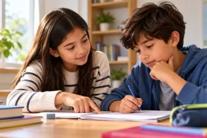 Dos escolares revisan juntos una frase en un cuaderno.