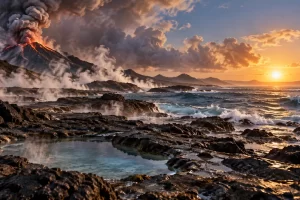 Paisaje imaginado de costa rocosa con volcanes, agua y vapor.