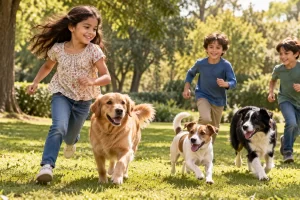 Tres niños y tres perros corren por un parque.