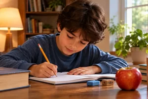 Un niño practica por escrito junto a sus libros y una goma de borrar.