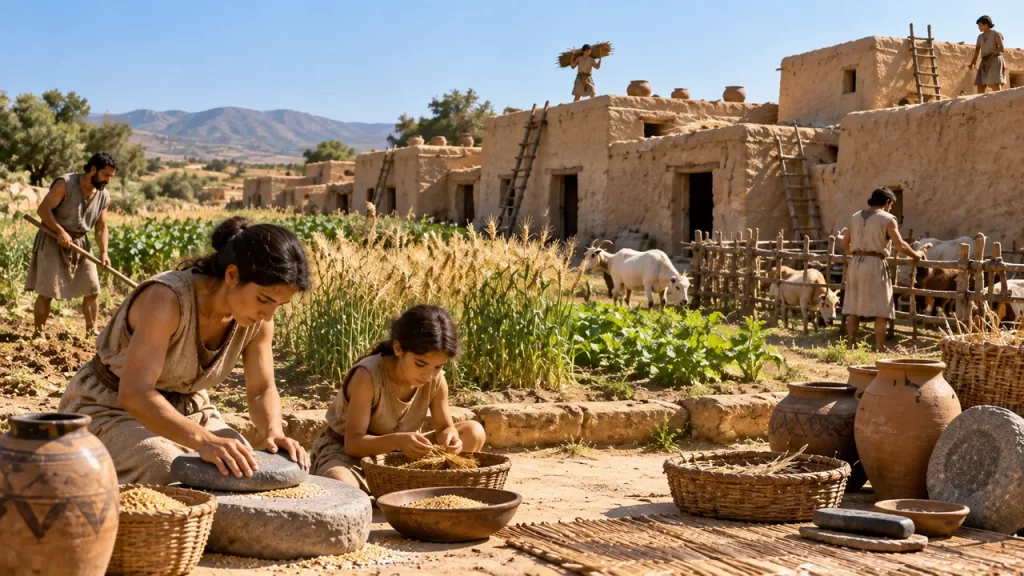 Recreación de tareas agrícolas y domésticas en una comunidad neolítica.
