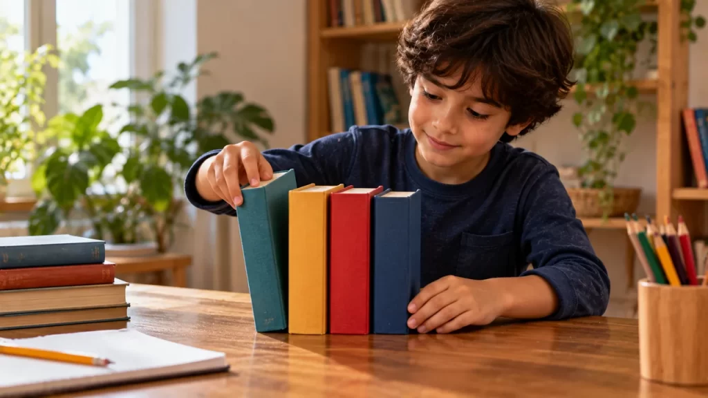Niño colocando libros en una fila.
