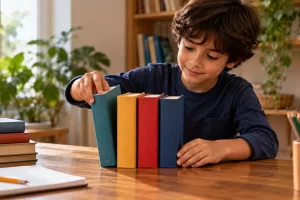 Niño colocando libros en una fila.