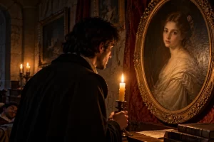 Viajero observando el retrato oval de una mujer en una habitación iluminada por velas.