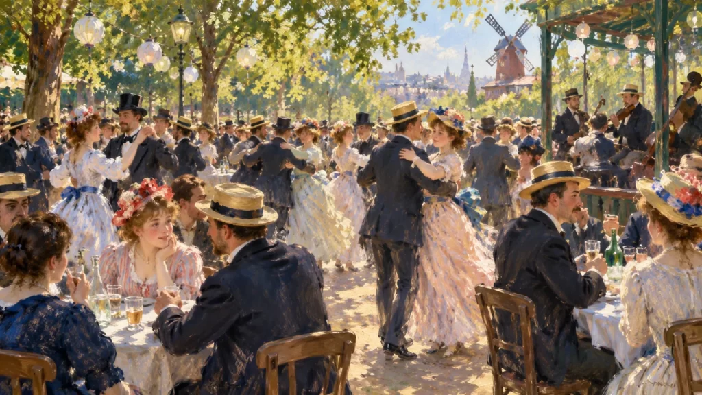 Baile en el Moulin de la Galette: una pintura de Renoir 1 Adultos bailando y conversando al aire libre bajo luces entre los árboles.