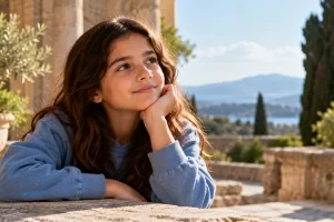 Una niña piensa mientras se apoya en una mesa al aire libre.