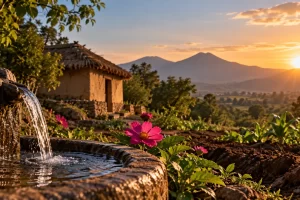 Agua, una casa, flores, tierra y el Sol en un paisaje ilustrado.
