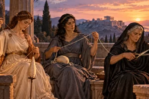 Tres figuras mitológicas hilan, miden y cortan un hilo en una escena de inspiración griega.