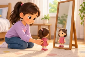 Una niña coloca una muñeca mirando hacia un espejo.