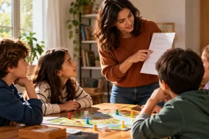 Una docente explica unas indicaciones a cuatro niños antes de un juego de mesa.
