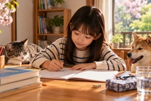 Niña escribiendo en una mesa con libros y mascotas cerca.