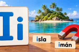 Letras I e i junto a una isla y un imán con sus nombres.