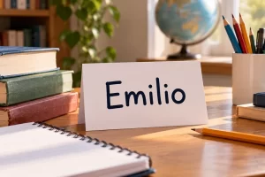 Tarjeta con el nombre Emilio sobre una mesa con libros.