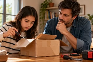 Niña cortando cartón mientras una persona adulta la acompaña.
