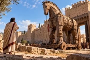 Caballo de madera de ficción ante una muralla, observado por un personaje adulto.