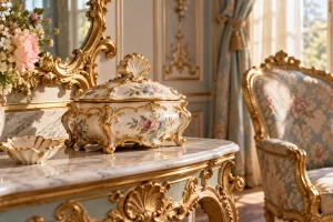 Interior imaginado con porcelana, flores y muebles de ornamentación rococó.