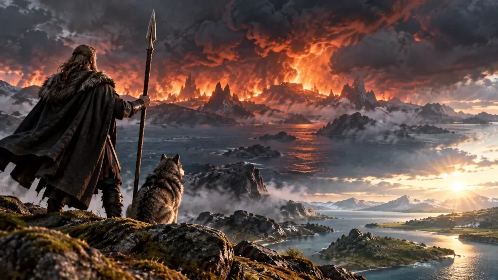 Qué es el Ragnarok: el final y la renovación en un mito nórdico 1 Una figura de la mitología nórdica contempla un paisaje fantástico en llamas.