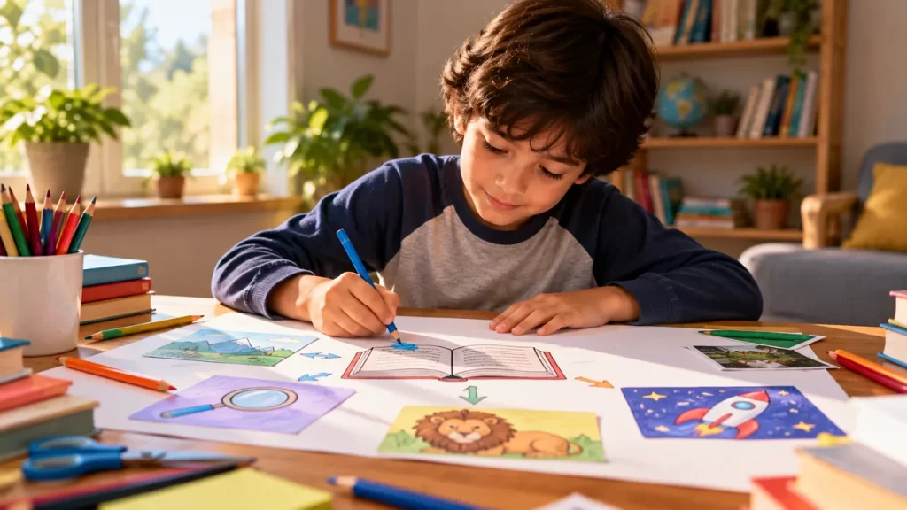 Infografía para niños: cómo preparar su contenido con datos y fuentes 1 Un niño prepara un boceto de cartel con dibujos distribuidos alrededor de un libro.