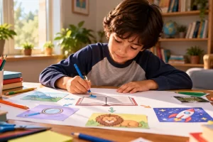 Un niño prepara un boceto de cartel con dibujos distribuidos alrededor de un libro.