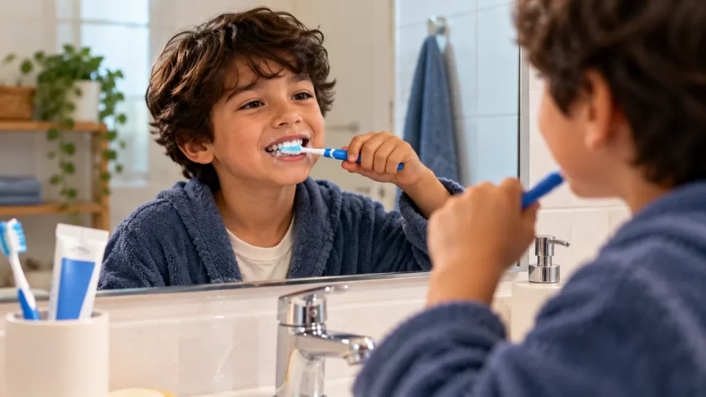 Un niño se cepilla los dientes delante de un espejo.